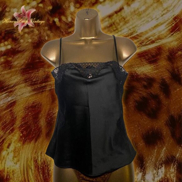 Janice Young for Papillon Blanc Tops - Black Satin Lace Trim Vintage Cami Top